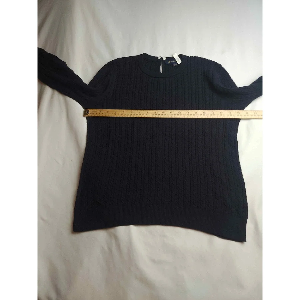 Brooks Brothers Womens Navy Blue Cable Knit Cotton Keyhole Sweater Large
